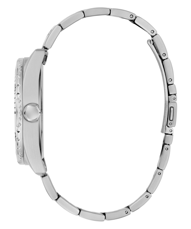 Close-up of a silver watch with a white background