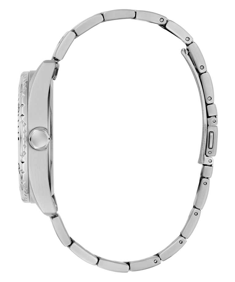 Close-up of a silver watch with a white background
