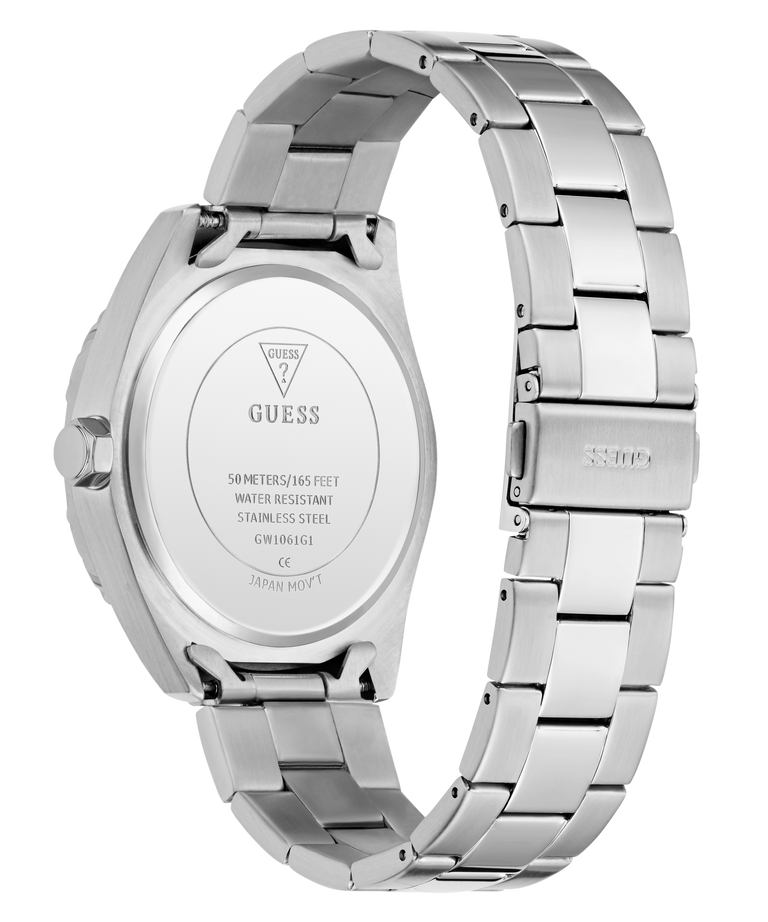 Silver watch with metal band on a white background