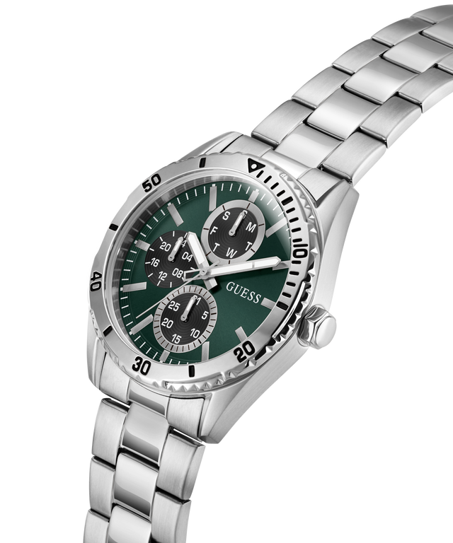Silver watch with a green face on a white background lifestyle