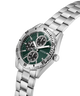 Silver watch with a green face on a white background lifestyle