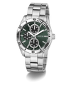 Silver watch with a green dial on a white background