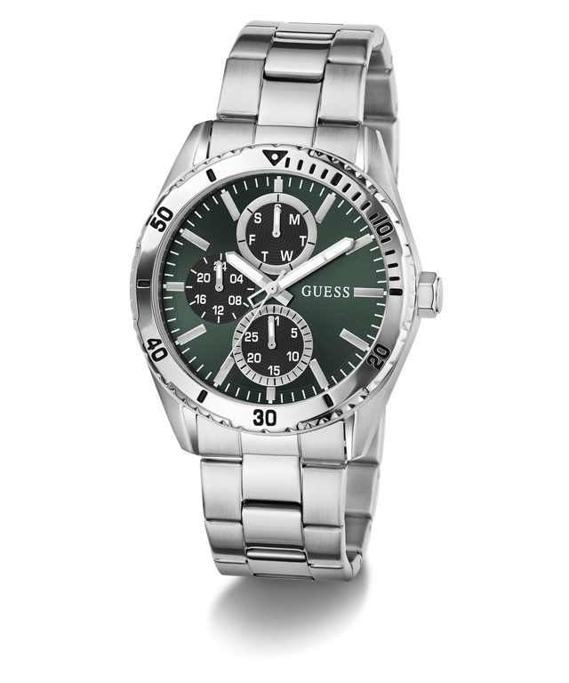 Silver watch with a green dial on a white background