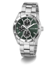 Silver watch with a green dial on a white background