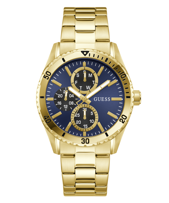 Gold watch with a blue face on a white background