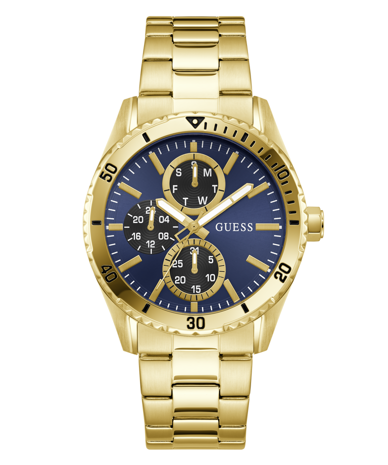 Gold watch with a blue face on a white background