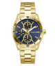 Gold watch with a blue face on a white background