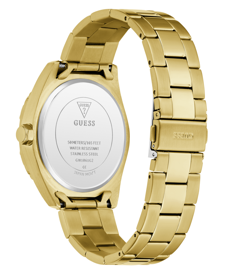 Gold watch with metal band on a white background