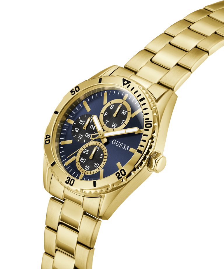 Gold watch with a blue face on a white background lifestyle