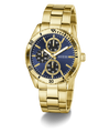 Gold watch with a blue face on a white background