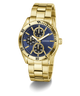 Gold watch with a blue face on a white background