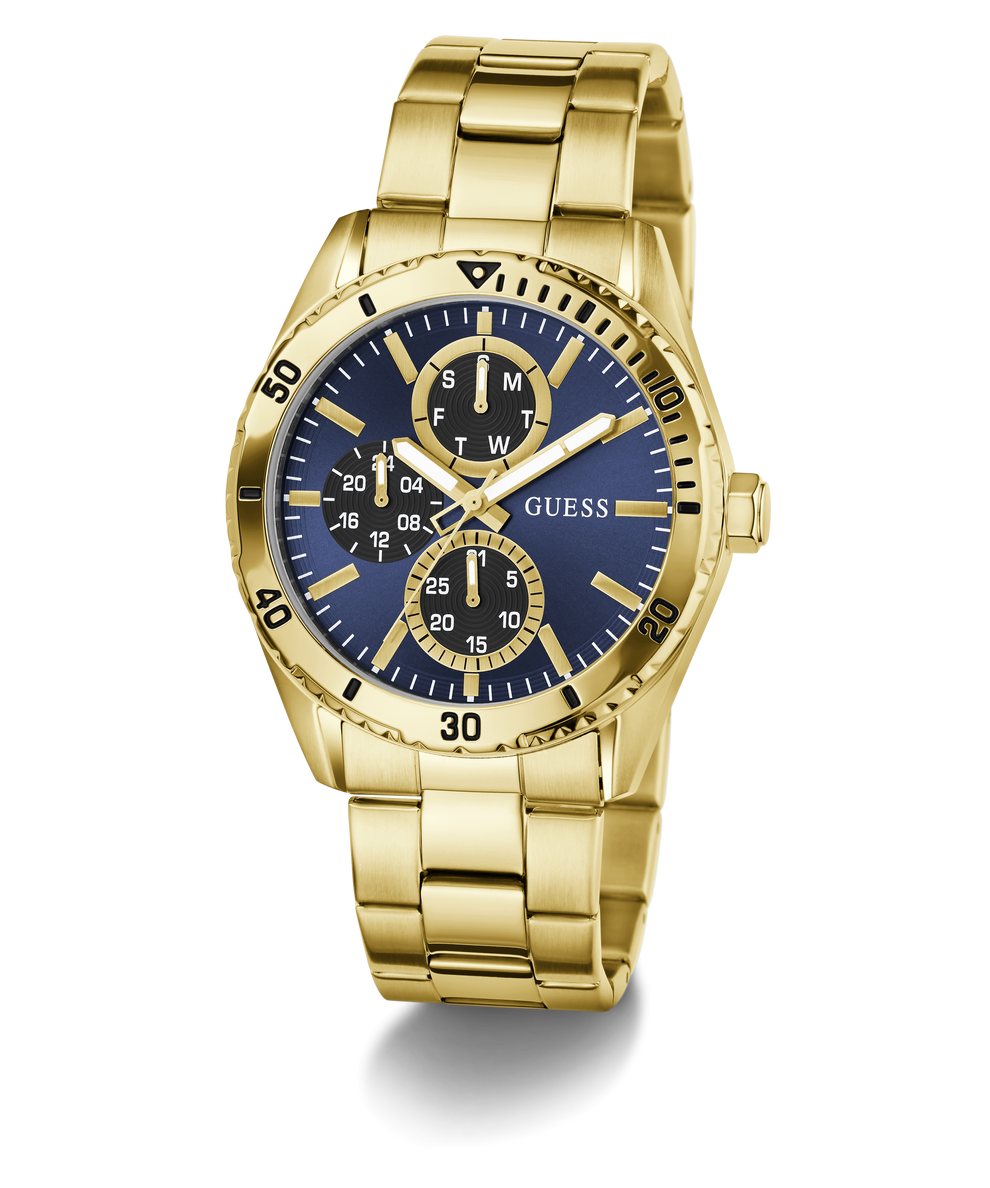 Gold watch with a blue face on a white background
