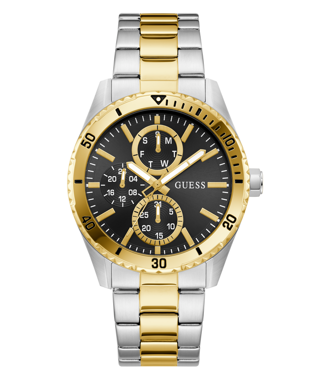 Two-tone silver and gold watch with black dial on a white background