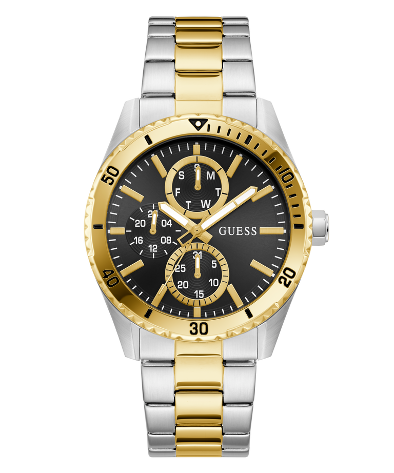 Two-tone silver and gold watch with black dial on a white background