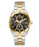Two-tone silver and gold watch with black dial on a white background