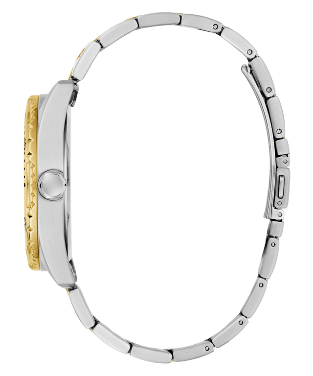 Close-up of a silver and gold watch band on a white background