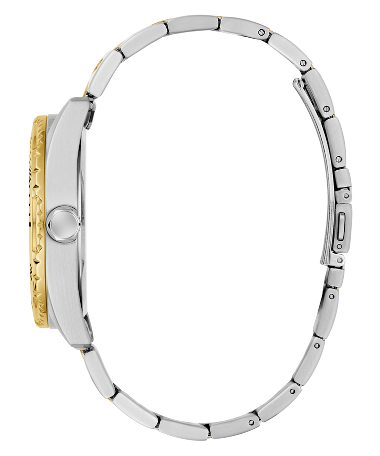 Close-up of a silver and gold watch band on a white background