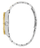 Close-up of a silver and gold watch band on a white background