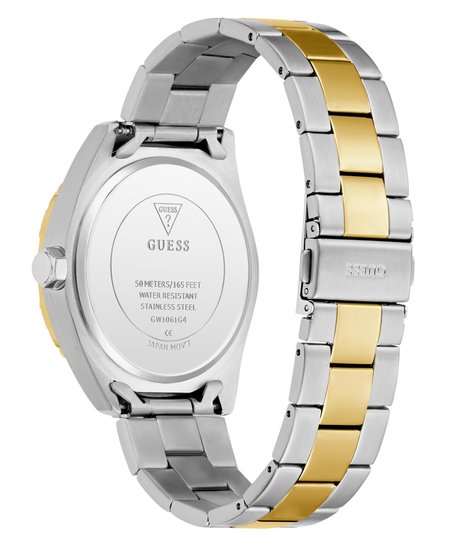 Two-tone silver and gold watch with visible brand name on a white background