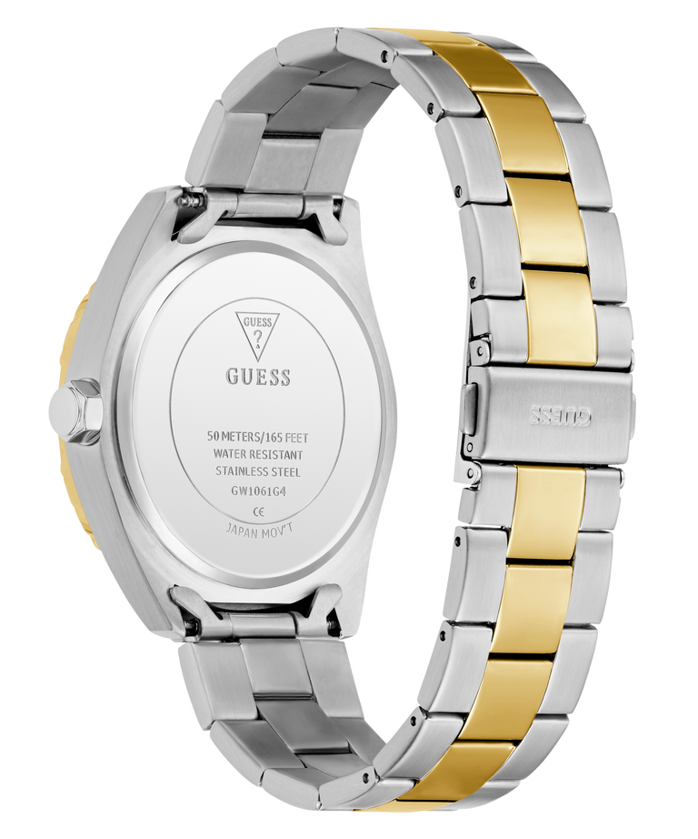 Two-tone silver and gold watch with visible brand name on a white background