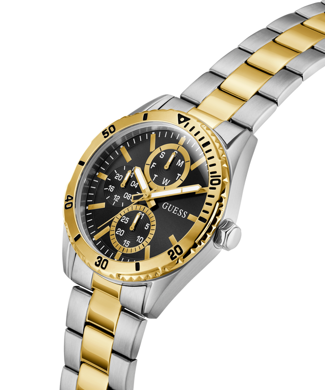 Two-tone silver and gold watch with black dial on a white background lifestyle