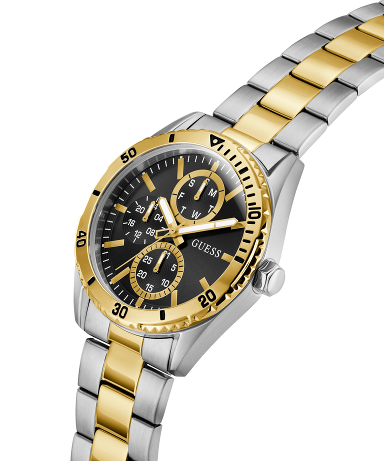Two-tone silver and gold watch with black dial on a white background lifestyle