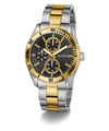 Two-tone gold and silver watch with black dial on a white background