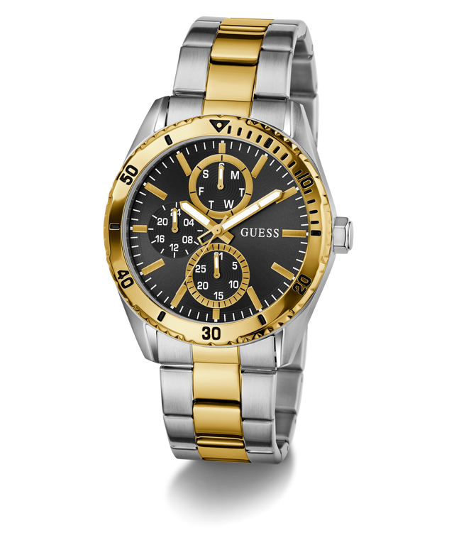 Two-tone gold and silver watch with black dial on a white background