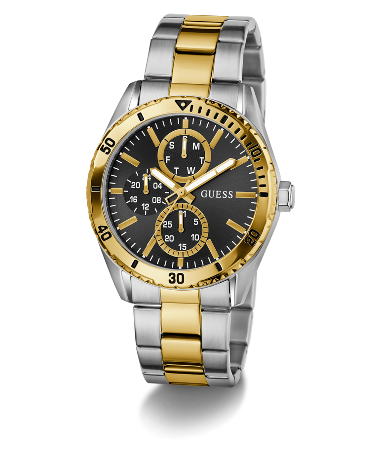 Two-tone gold and silver watch with black dial on a white background