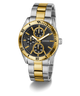 Two-tone gold and silver watch with black dial on a white background