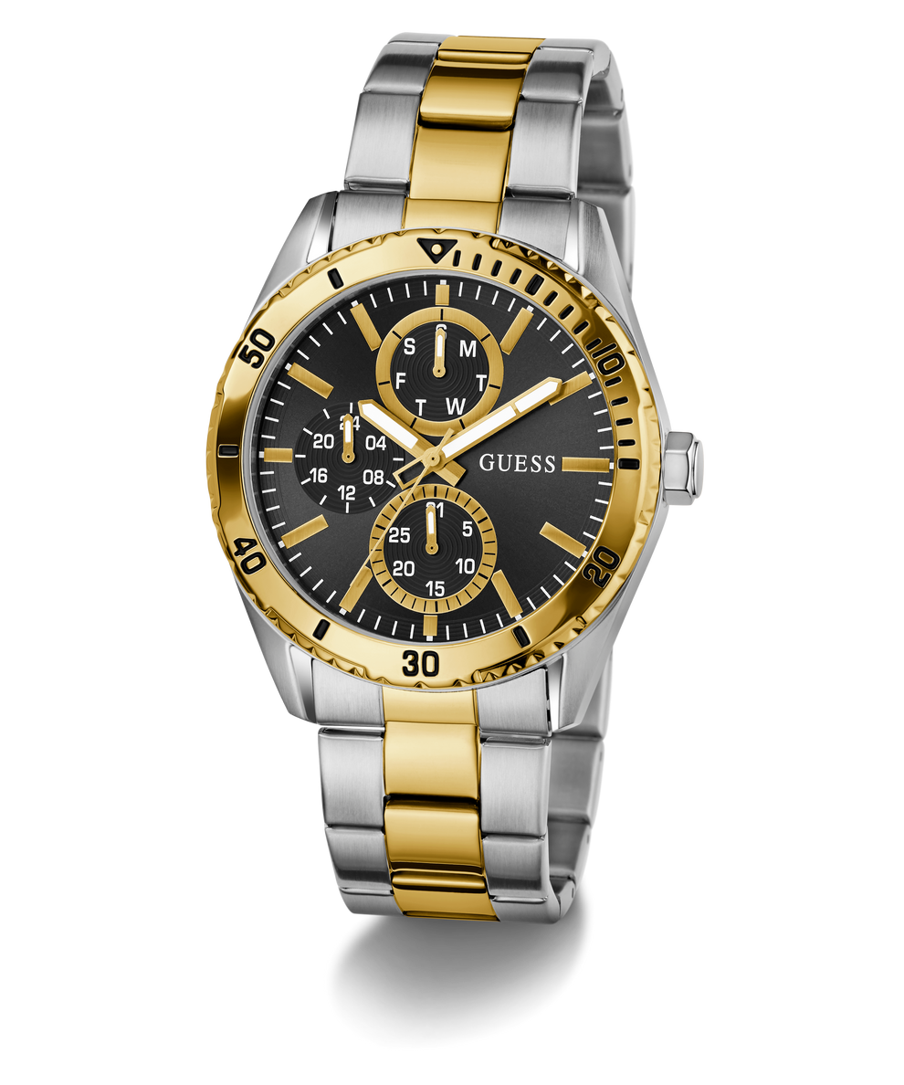 Two-tone gold and silver watch with black dial on a white background