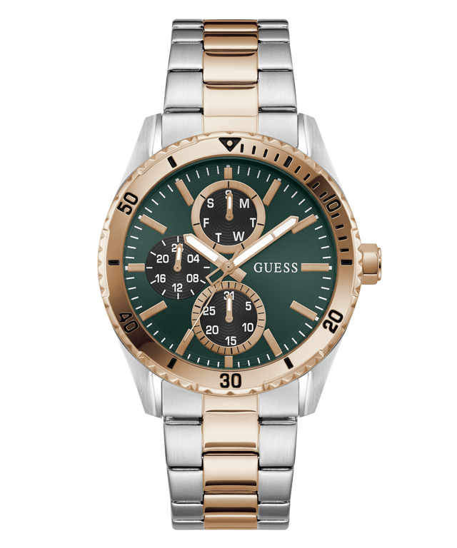 Two-tone watch with green dial and rose gold accents on a white background