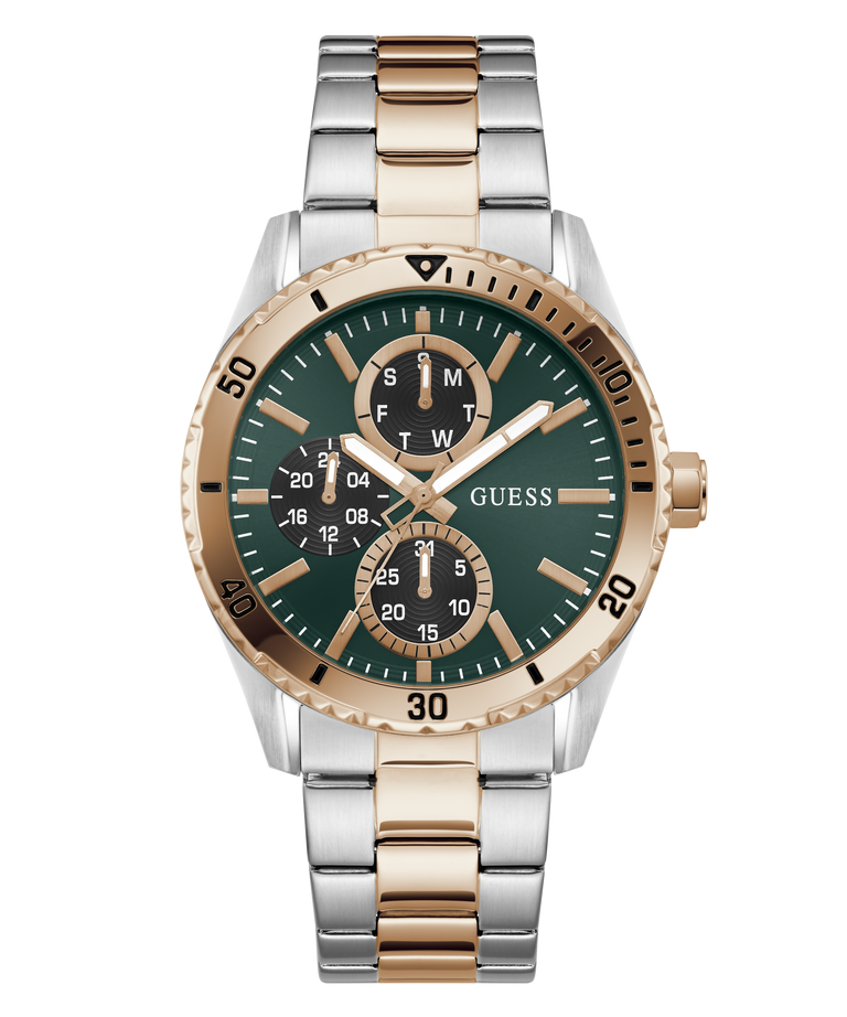 Two-tone watch with green dial and rose gold accents on a white background