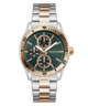 Two-tone watch with green dial and rose gold accents on a white background