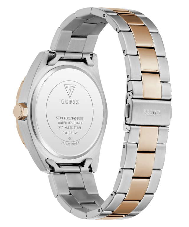 Two-tone silver and rose gold watch with visible brand name on a white background