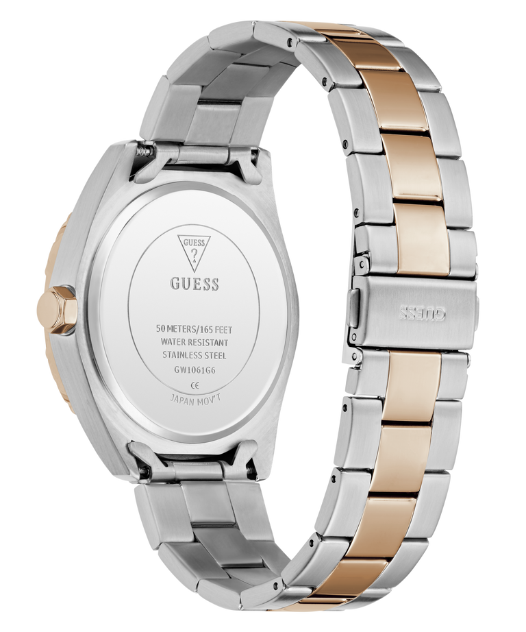 Two-tone silver and rose gold watch with visible brand name on a white background