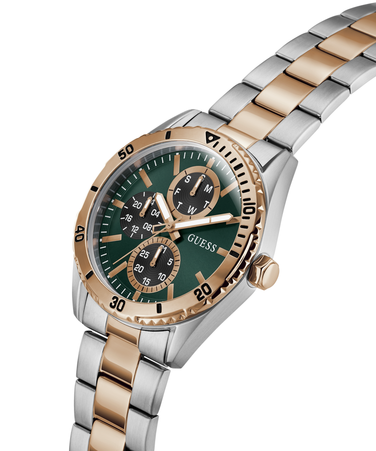 Two-tone watch with green dial and gold accents on a white background lifestyle
