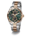 Two-tone watch with green dial and rose gold accents on a white background