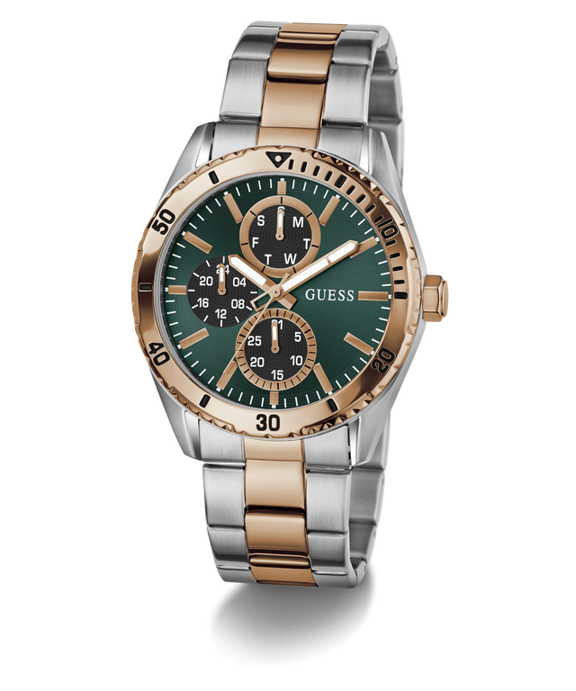 Two-tone watch with green dial and rose gold accents on a white background