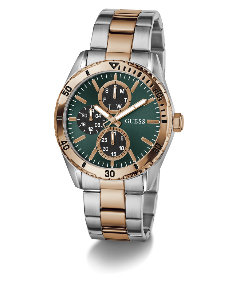 Two-tone watch with green dial and rose gold accents on a white background