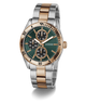 Two-tone watch with green dial and rose gold accents on a white background