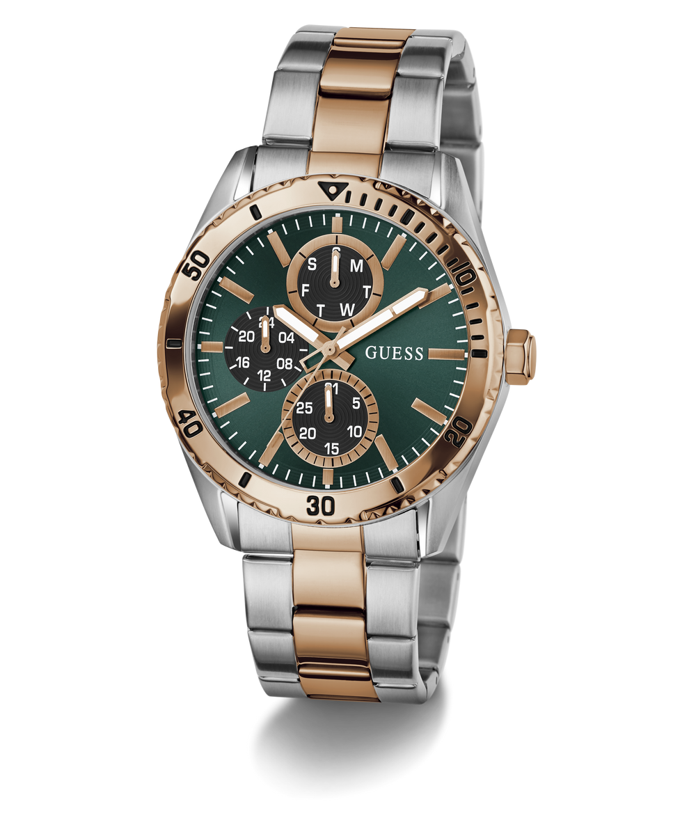 Two-tone watch with green dial and rose gold accents on a white background