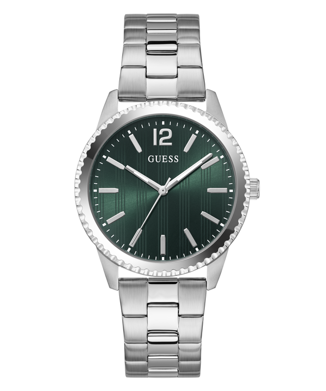 Silver GUESS Mens Silver Tone Analog Watch with a green dial on a white background