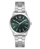 Silver GUESS Mens Silver Tone Analog Watch with a green dial on a white background