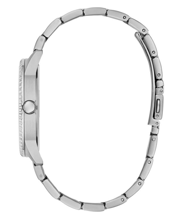 Close-up of a silver GUESS Mens Silver Tone Analog Watch with a detailed band on a white background