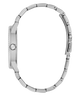 Close-up of a silver GUESS Mens Silver Tone Analog Watch with a detailed band on a white background