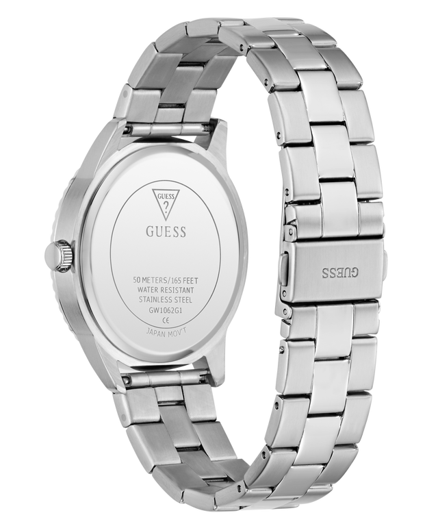 Silver Guess watch with metal bracelet on a white background