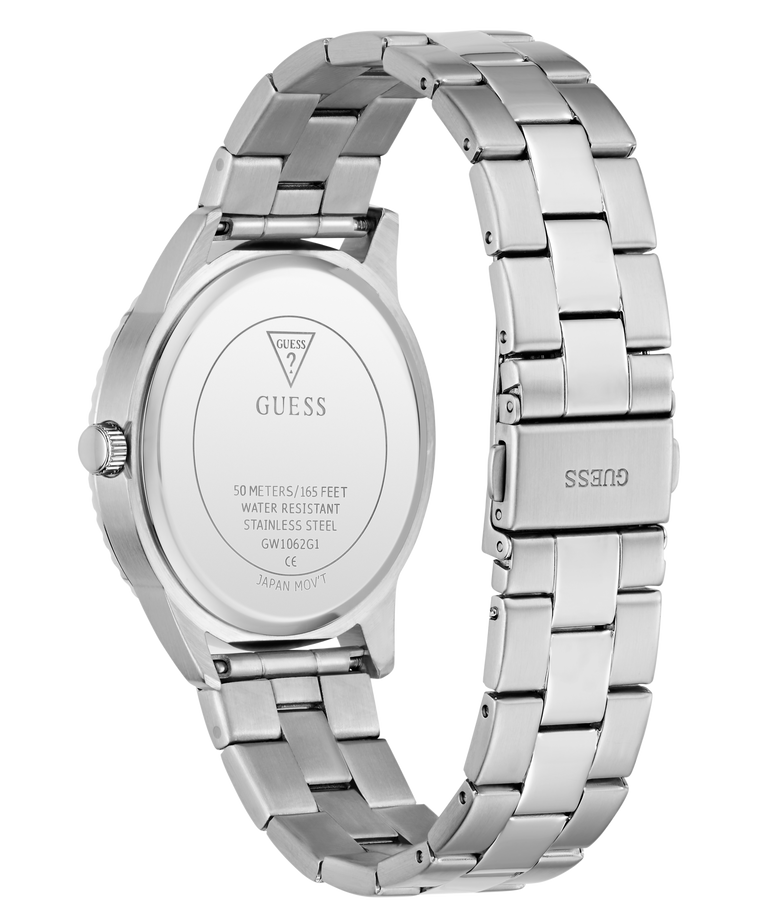 Silver Guess watch with metal bracelet on a white background