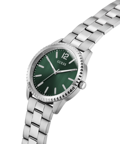 Silver GUESS Mens Silver Tone Analog Watch with a green dial on a white background lifestyle