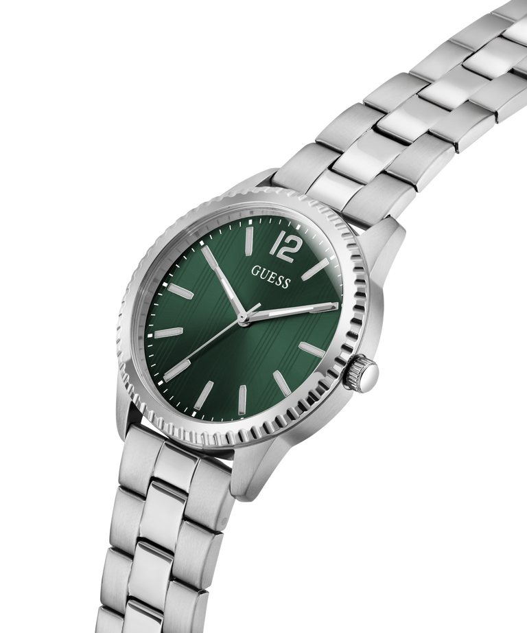 Silver GUESS Mens Silver Tone Analog Watch with a green dial on a white background lifestyle